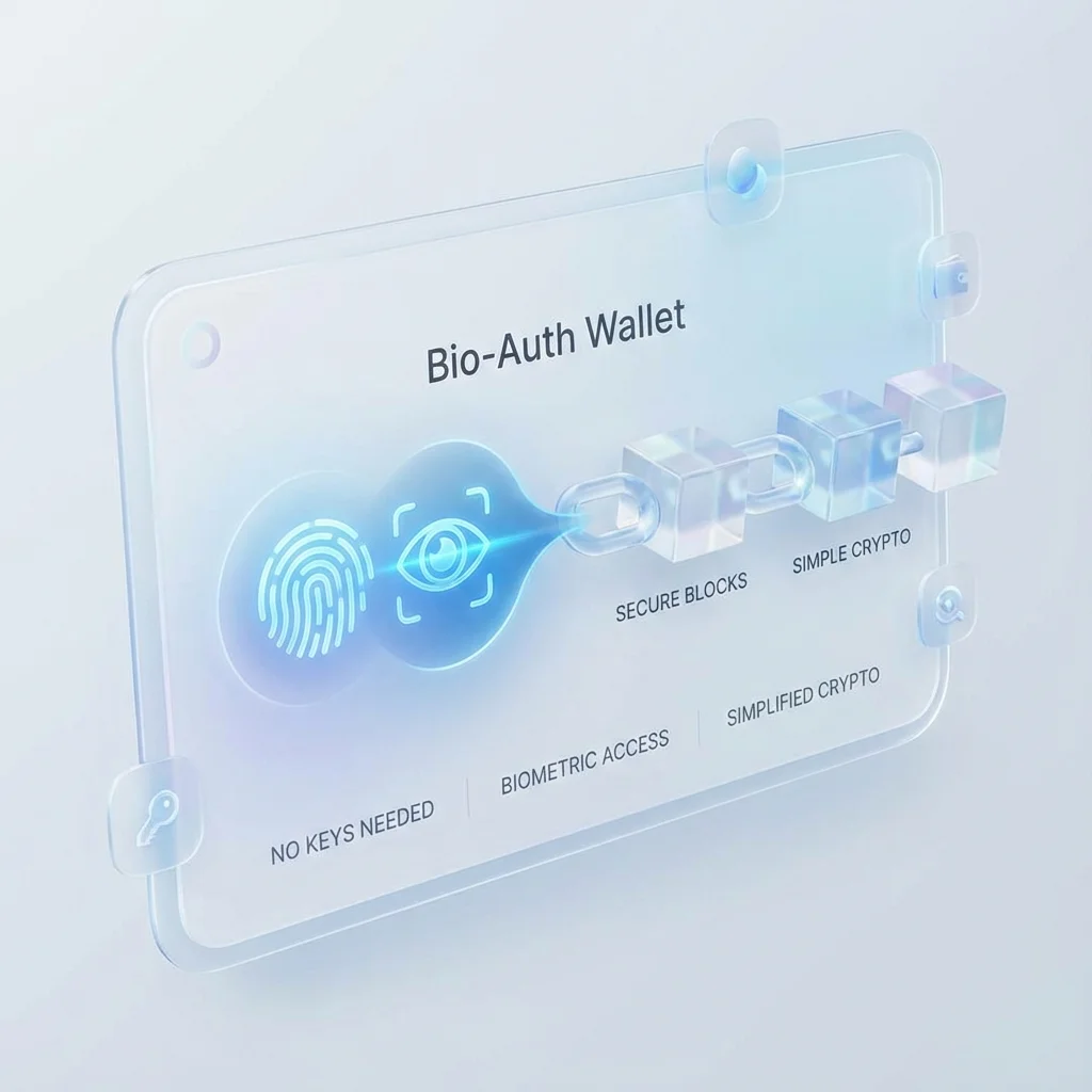 Futuristic digital interface showing keyless wallet and biometric authentication