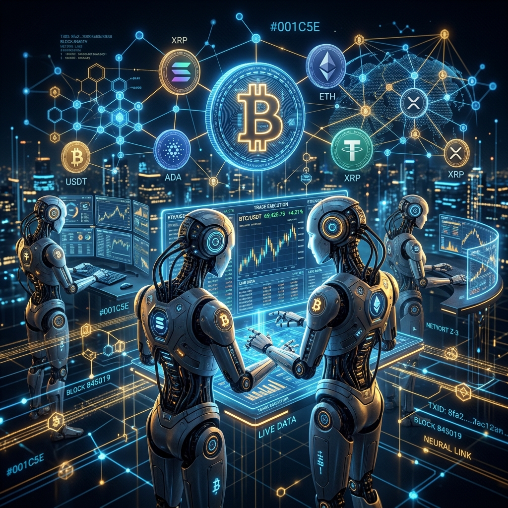 Agentes de IA autônomos operando em redes blockchain com fluxos de dados criptográficos