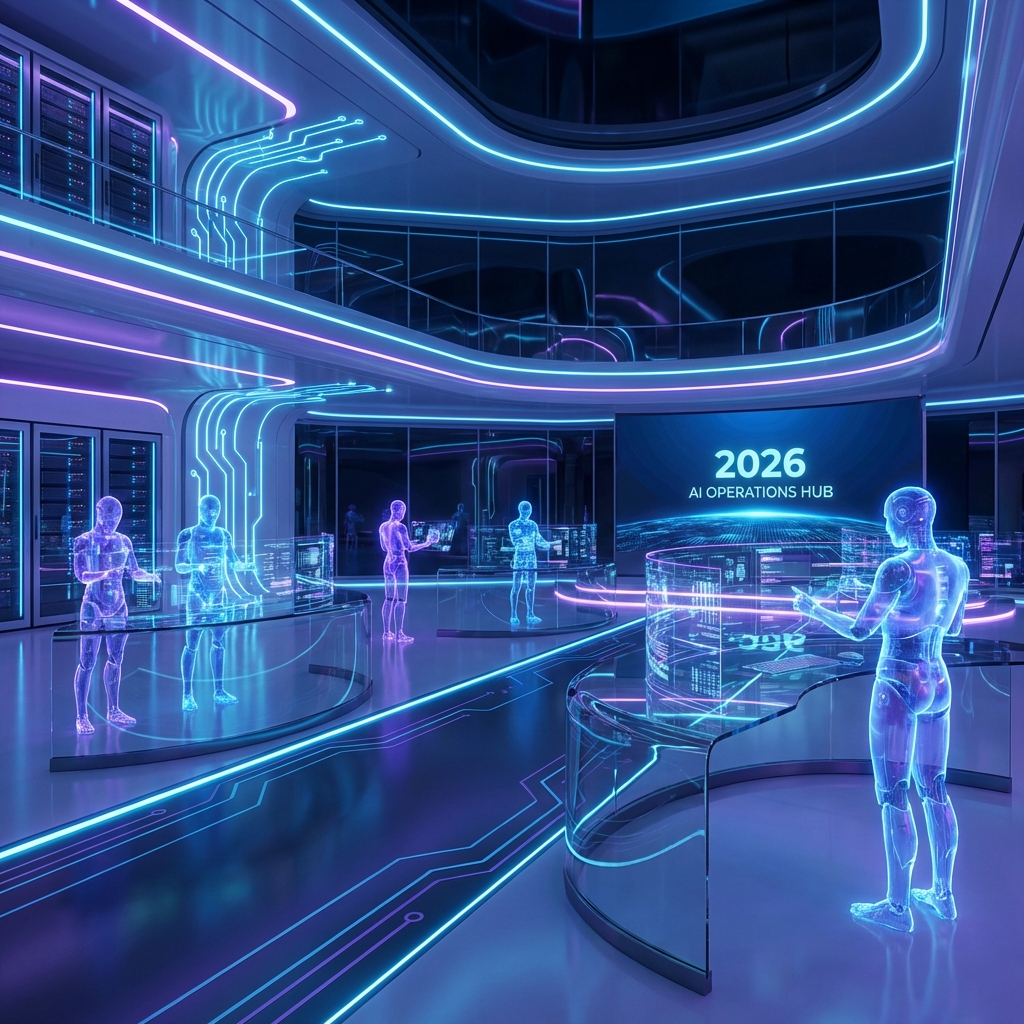 Agentes de IA futuristas trabalhando em um escritório digital