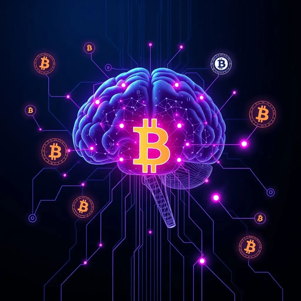 Cérebro digital futurista conectado a nós de blockchain, representando a fusão de IA e Cripto