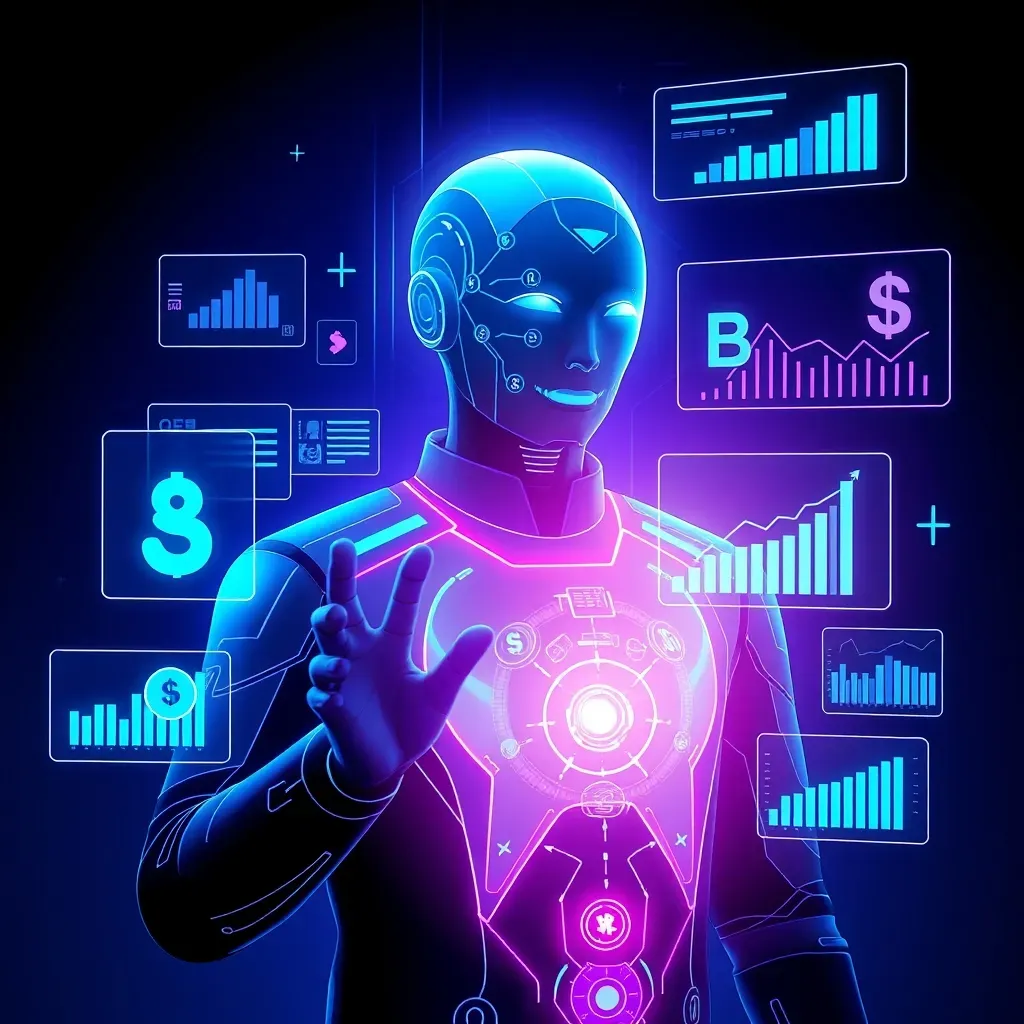 Representação futurista de um agente de IA digital gerenciando múltiplos fluxos de dados financeiros e moedas