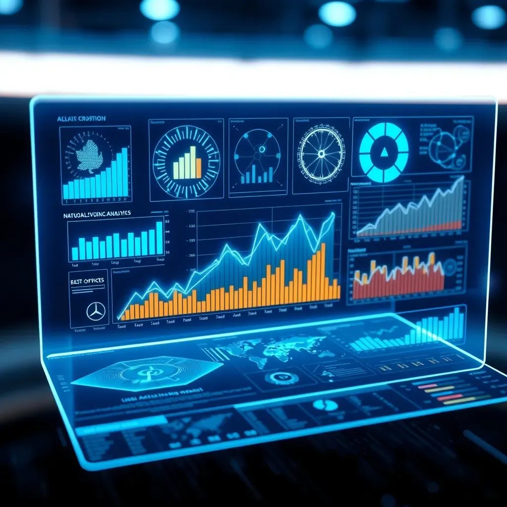 Interface holográfica mostrando diversas ferramentas de análise de dados impulsionadas por inteligência artificial