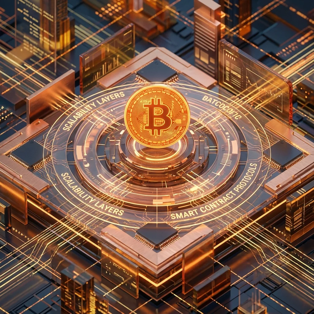 Glowing Bitcoin coin in the center with expanding digital layers, representing scalability