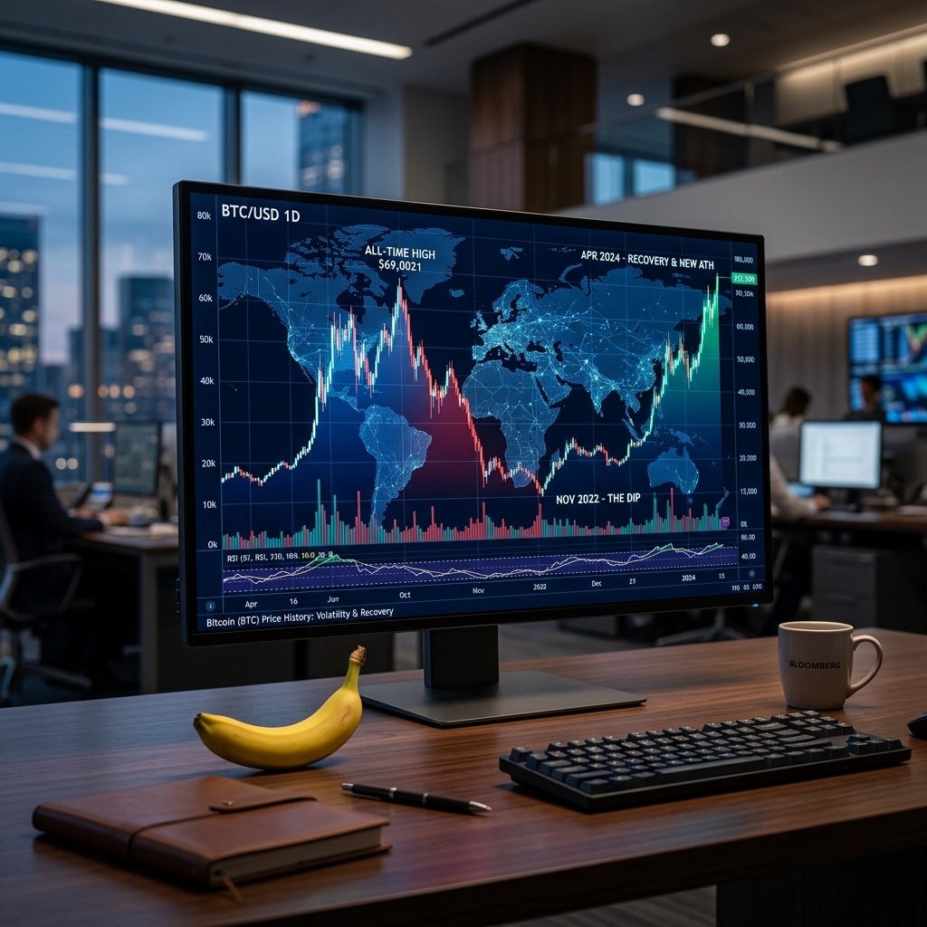 Gráfico mostrando queda e recuperação rápida do Bitcoin com elementos geopolíticos