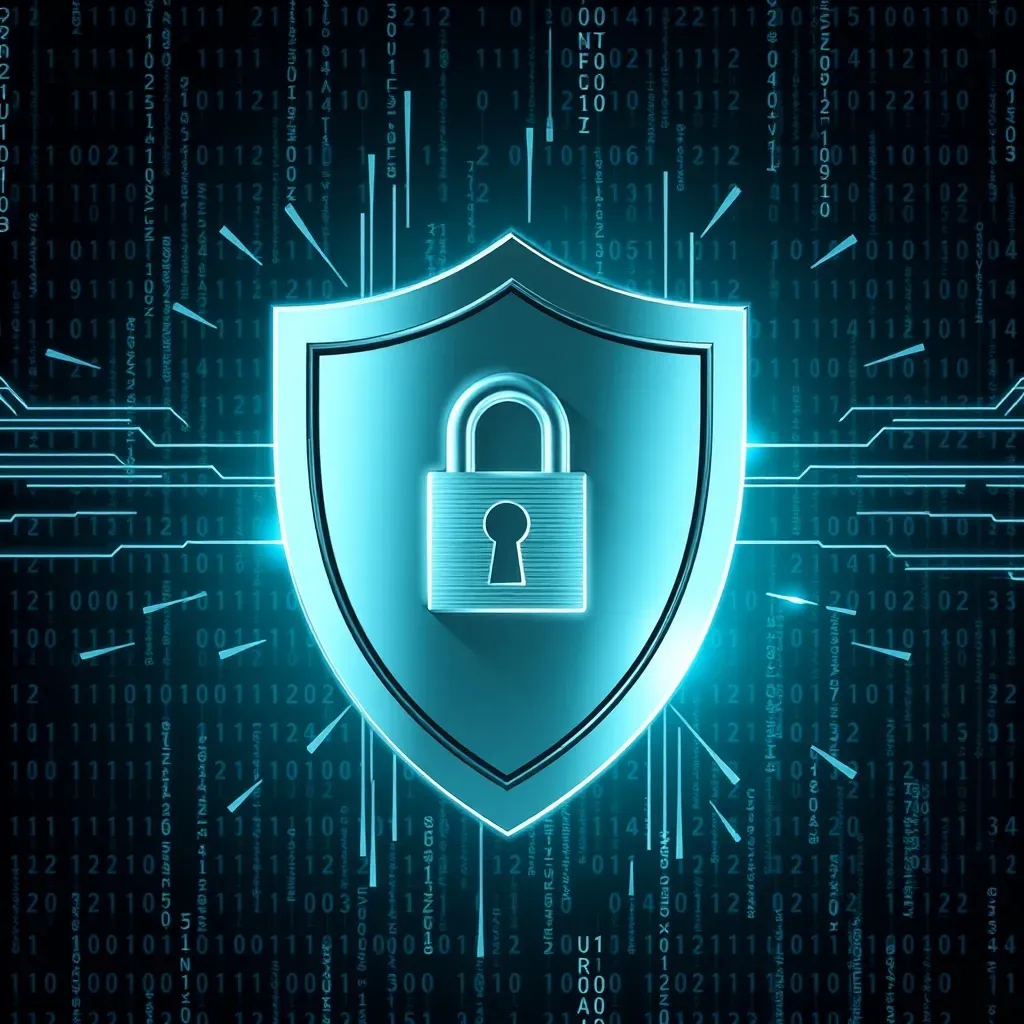 Escudo digital brilhante protegendo moedas virtuais contra ataques cibernéticos em um fundo escuro estilo Matrix