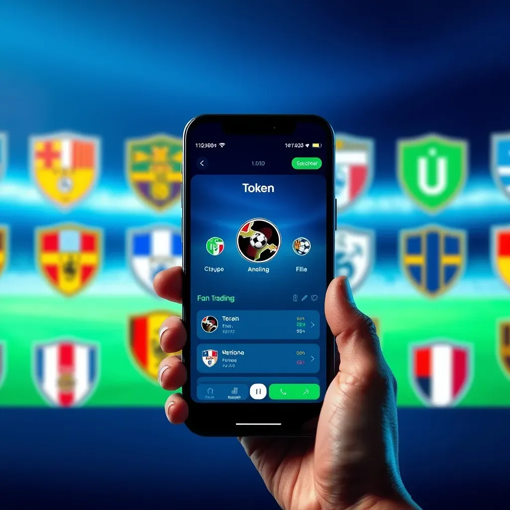 Smartphone exibindo aplicativo de compra de fan tokens com escudos de times de futebol ao fundo