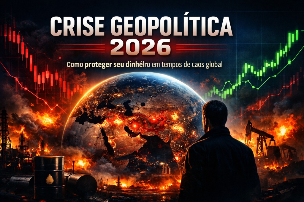 Visual dramático mostrando a tensão entre o Bitcoin e o cenário geopolítico global em 2026