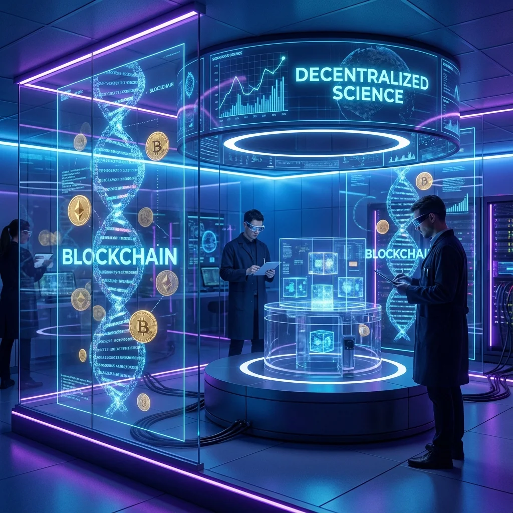 Futuristic representation of the fusion between science and blockchain, with digital DNA