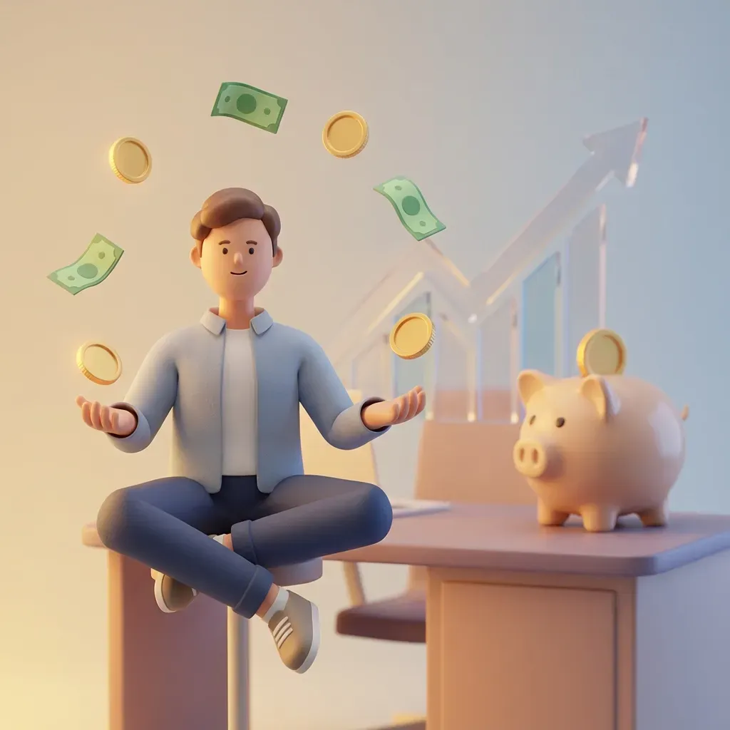 Ilustração conceitual de uma pessoa fazendo malabarismo com moedas e contas, representando o equilíbrio financeiro