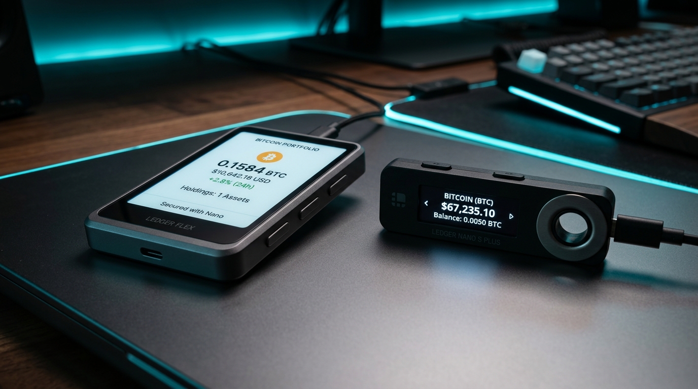Comparativo lado a lado entre a carteira Ledger Flex e a Ledger Nano S Plus sobre mesa executiva