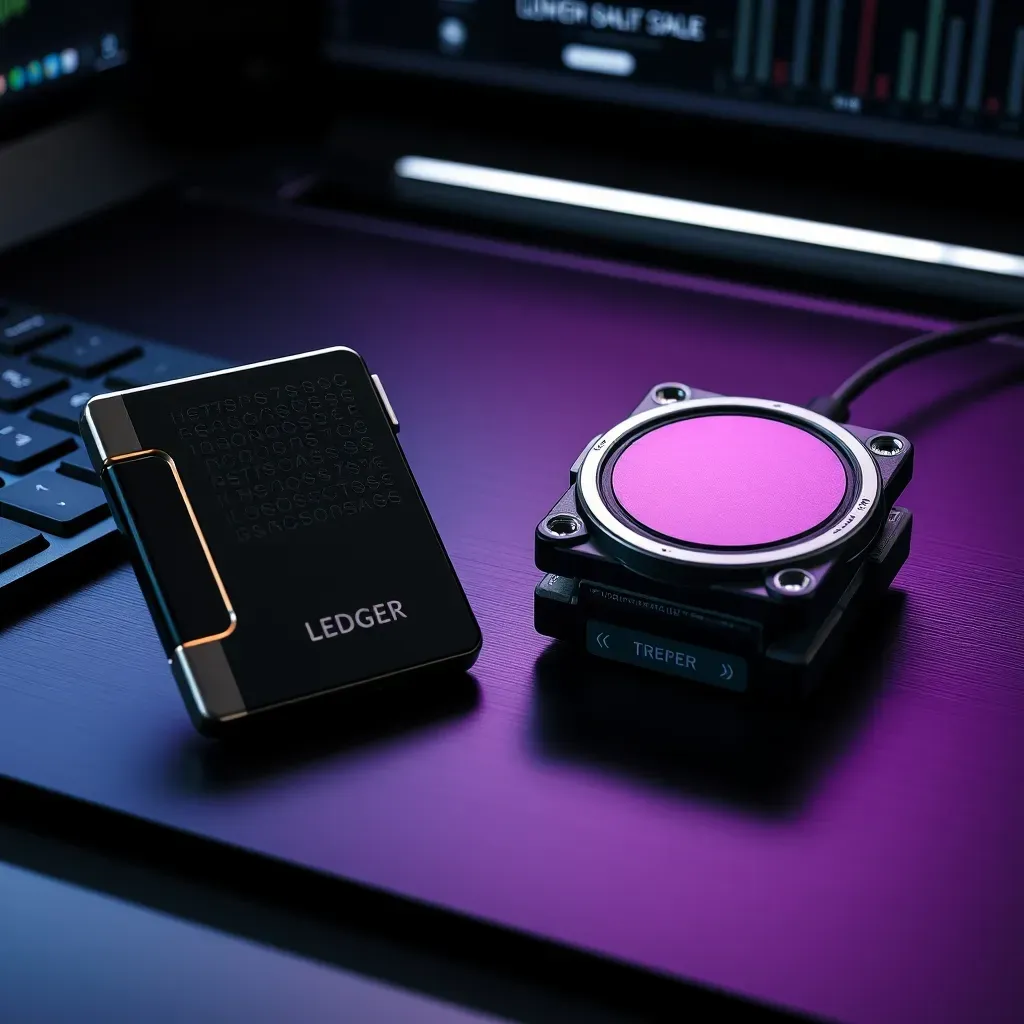 Comparativo visual lado a lado de uma carteira Ledger e uma carteira Trezor sobre uma mesa tecnológica
