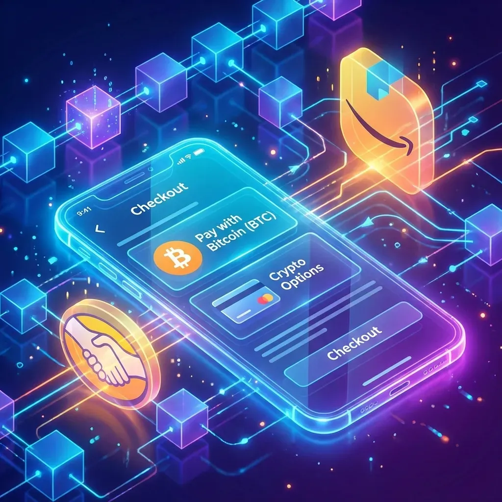 Conceito visual misturando logotipos de e-commerce com moedas digitais como Bitcoin e Ethereum