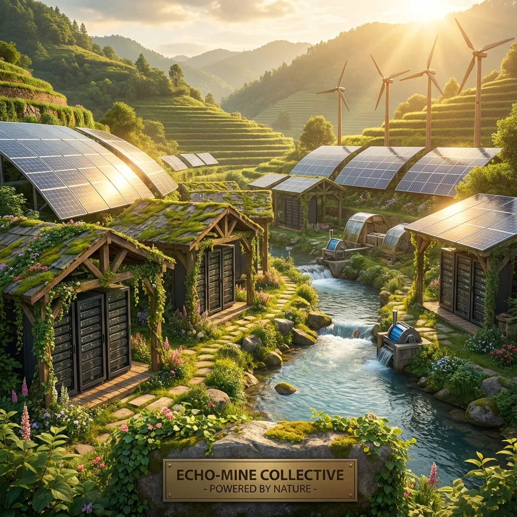 Bitcoin mining farm integrated into green landscape with solar panels and wind turbines