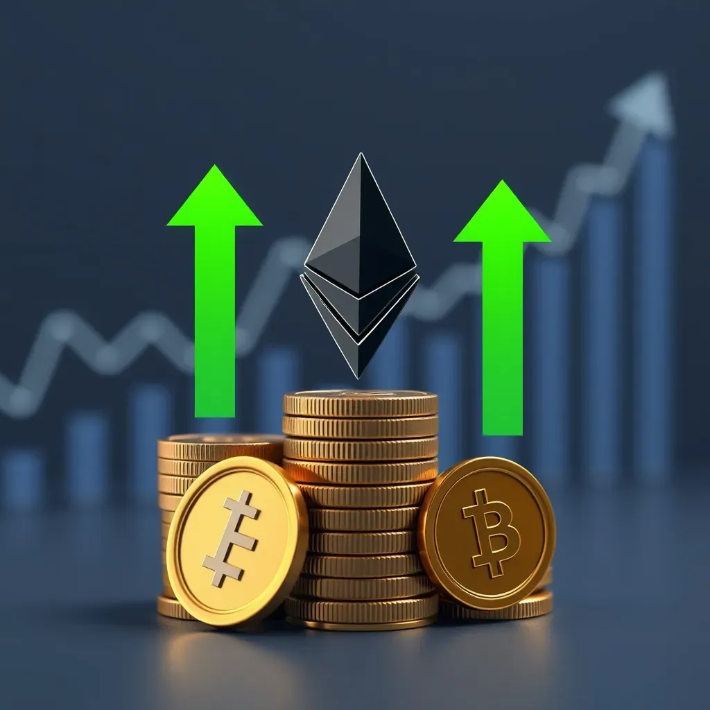 Ilustração de moedas Ethereum sendo empilhadas automaticamente com gráfico de crescimento ao fundo